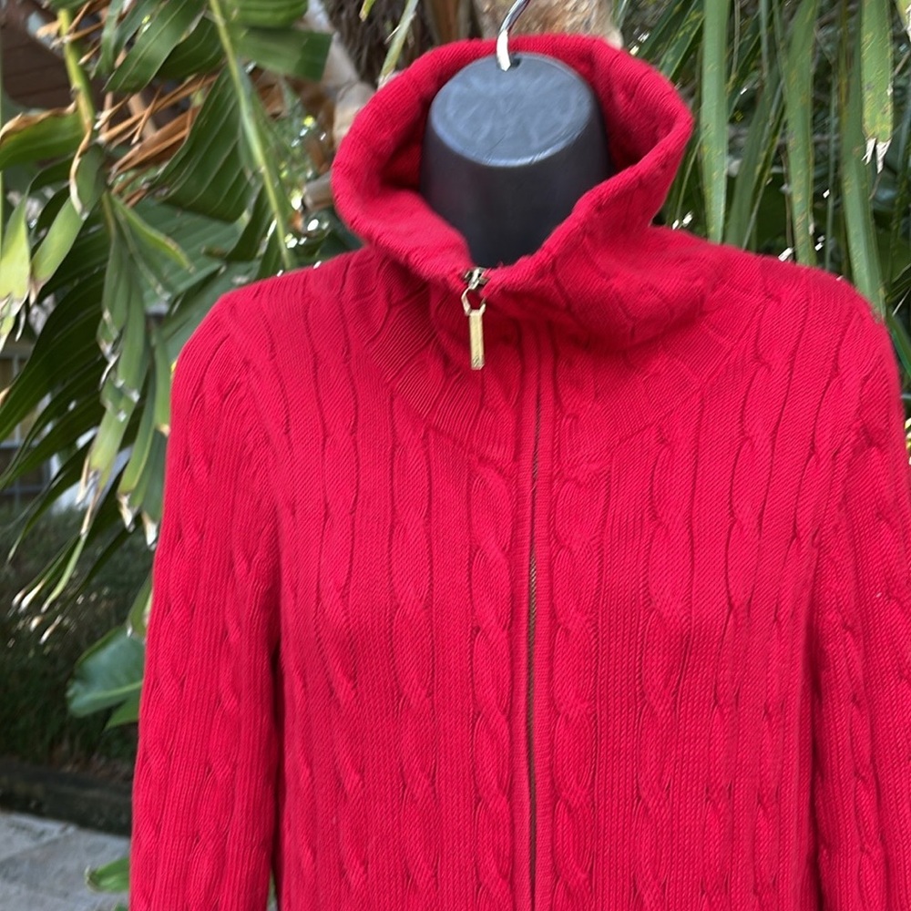 cable knit funnel neck zip front cardigan with cargo pockets